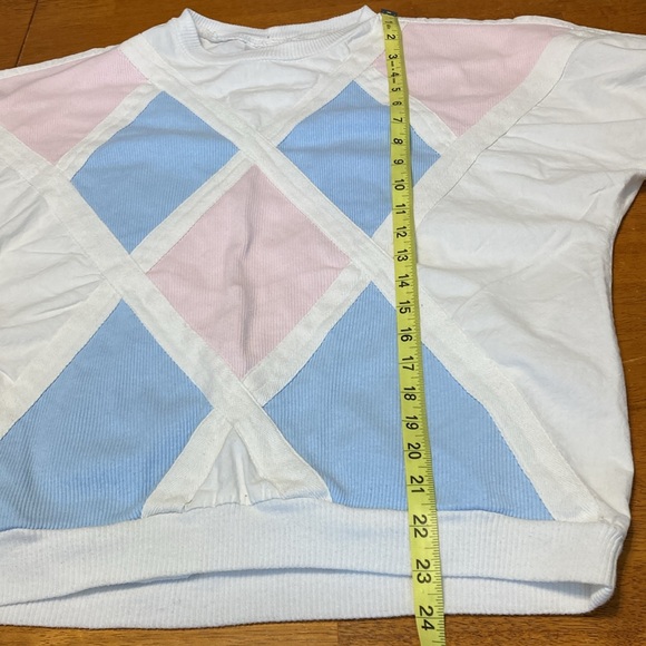 Vintage A Paquette Womens Sz S Blue Pink Patchwork Front Short Sleeve White Tee - Picture 12 of 12